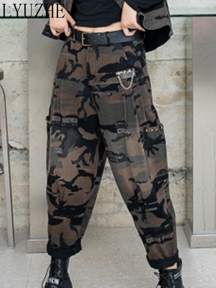 LYUZHE Fashion Camouflage Green Jeans Harun Pants Women New Style Loose Casual Pants 2023 Spring Autumn Cool Harem Pants LWL385