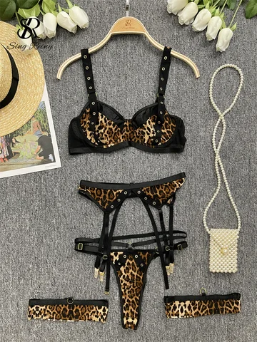SINGREINY Retro Leopard Erotic Bra& Brief Underwear Suits Women Backless Slim Porno Body Suit Fashion Club Sexy Two Piece Sets