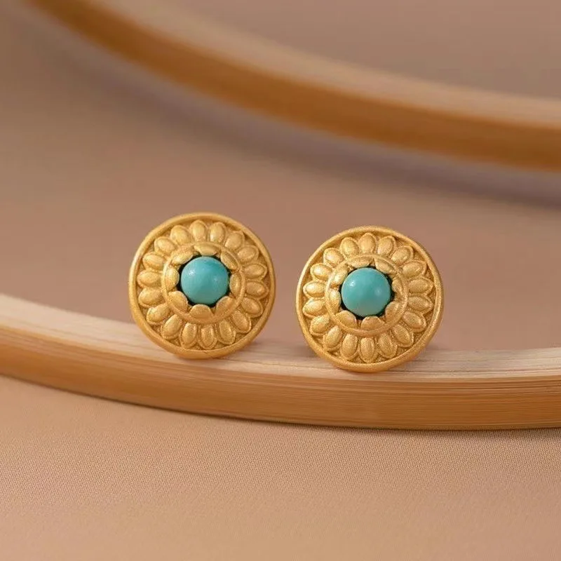 

Classic craft round flowers Ear Studs simple and small Ancient gold craft turquoise earrings for women banquet jewelry gifts