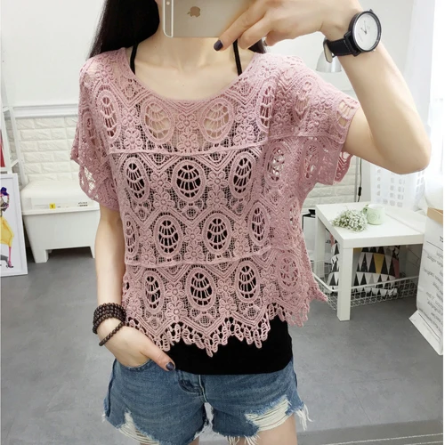 

2022 Women Summer New Crocheted Hollow Shirt Female Loose Short Short Sleeve T-shirt Tops Ladies Knitted Bottoming Shirts W21
