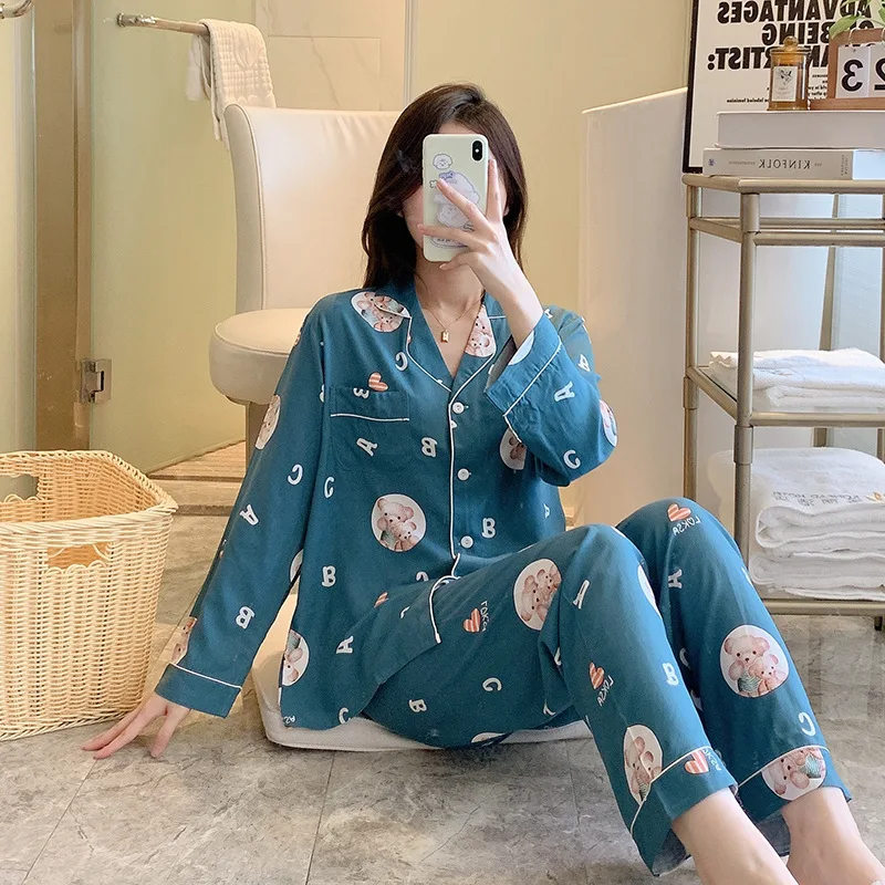 New Cotton Silk Pajamas Lady Spring  Autumn Long-sleeved Two-piece Set Cute Print Thin Cardigan Pyjamas Women