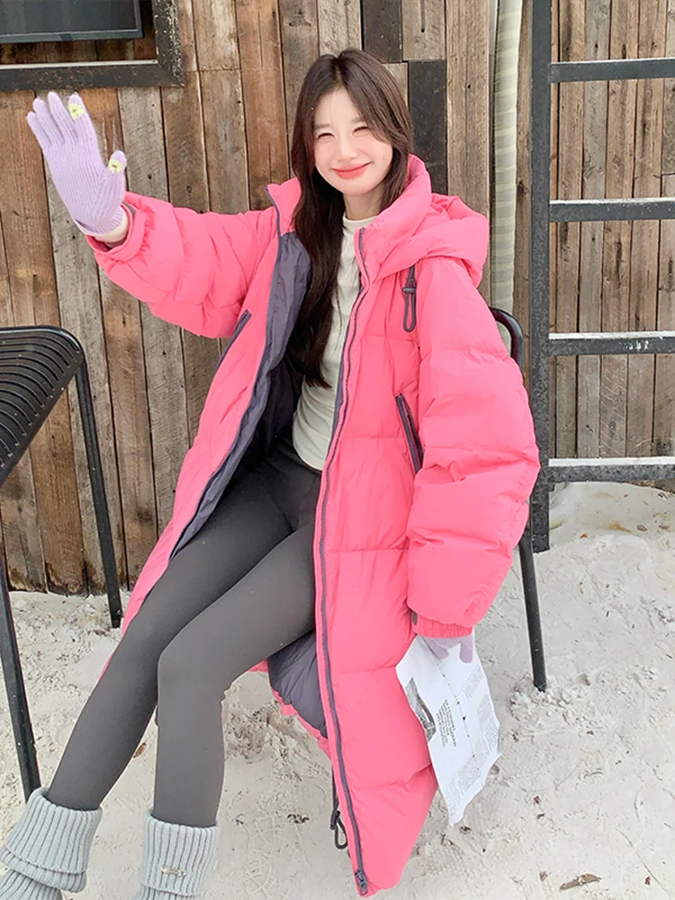 Long Loose Straight Pink Hood Stand Collar Down jacket Women 2024 Winter New Thickened Warm Coat Outerwear