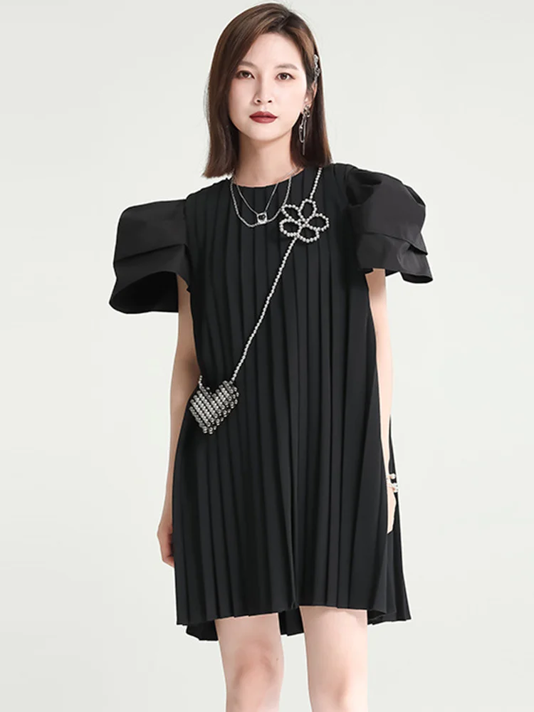 

SHENGPALAE O-neck Puff Sleeve Pleated Mini Dress Summer 2022 Design Female High Quality Party Vestidos Trendy Women's Clothing