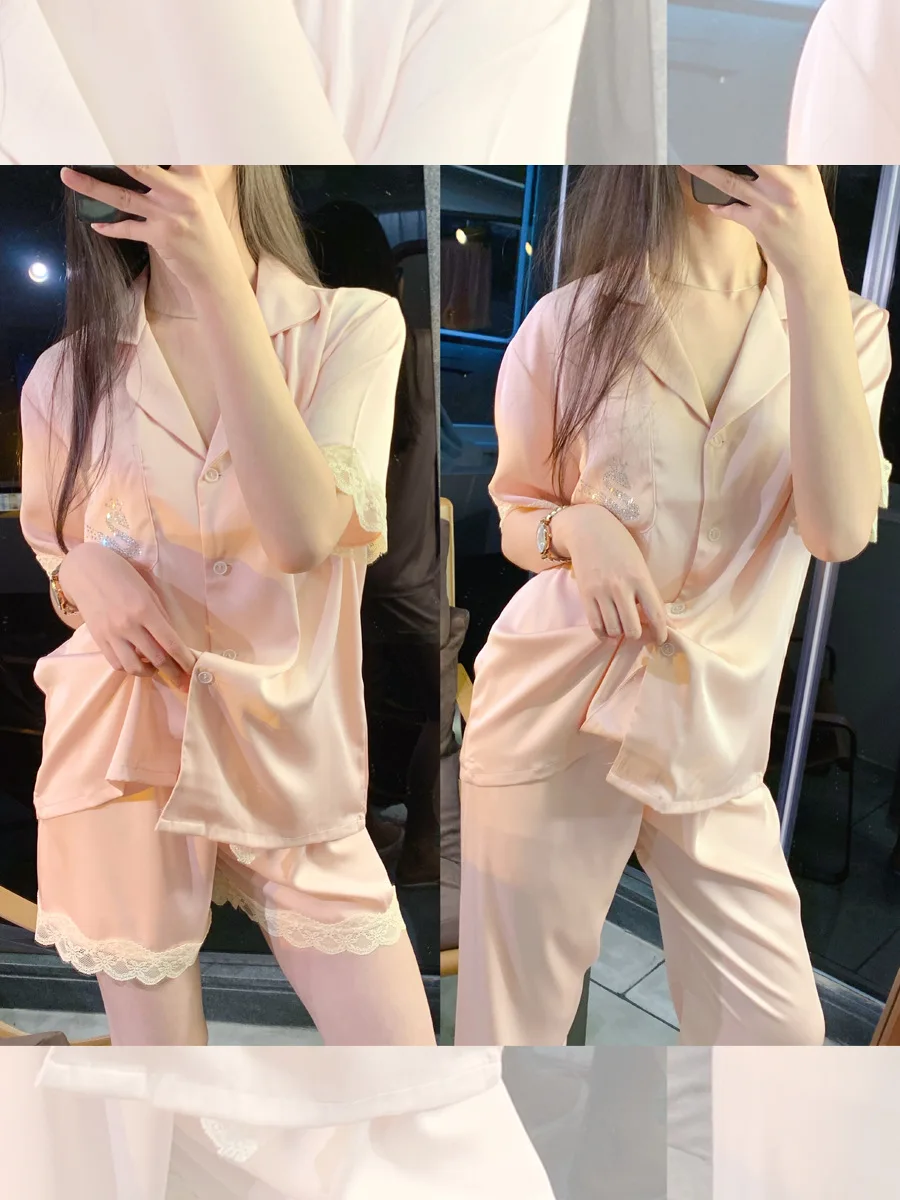 Women's Pajamas Spring Autumn Ice Silk Three-piece Suit In Winter 2022 New Advanced Ins Silk Housewear Suit Sleepwear Nightwear