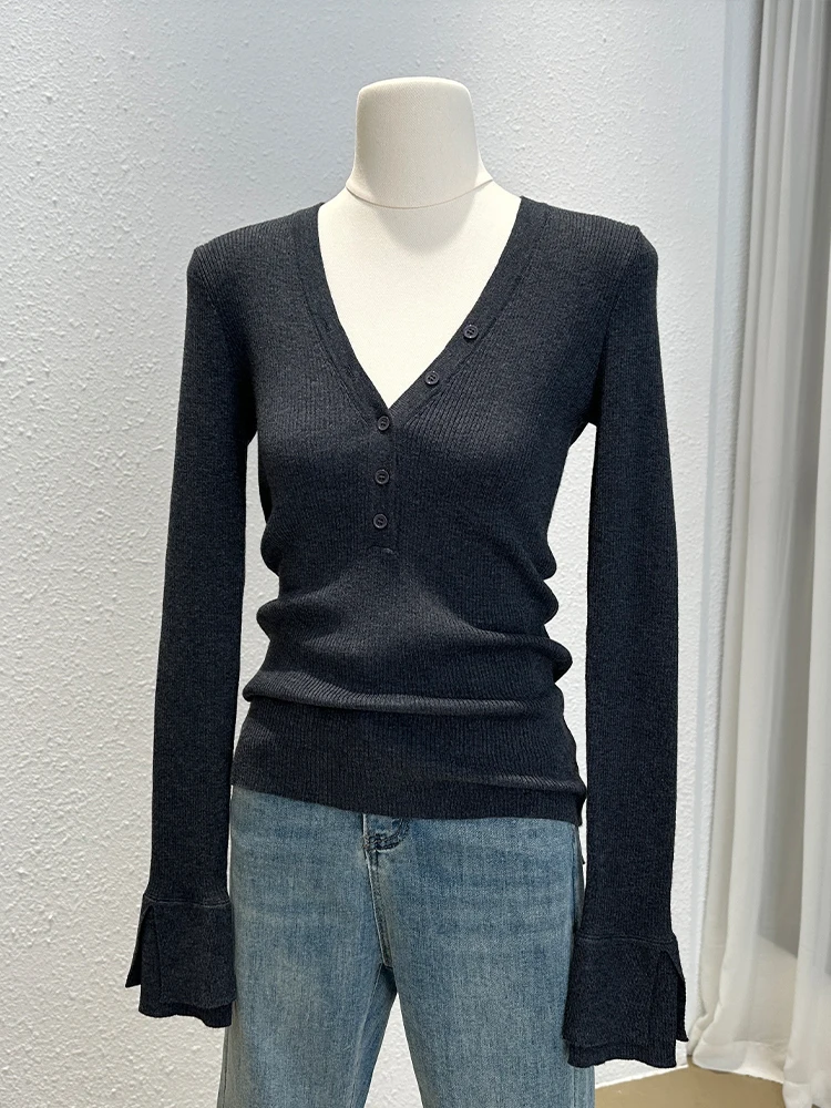 Корейская серия трикотажная женская рубашка с v-образным вырезом и длинными