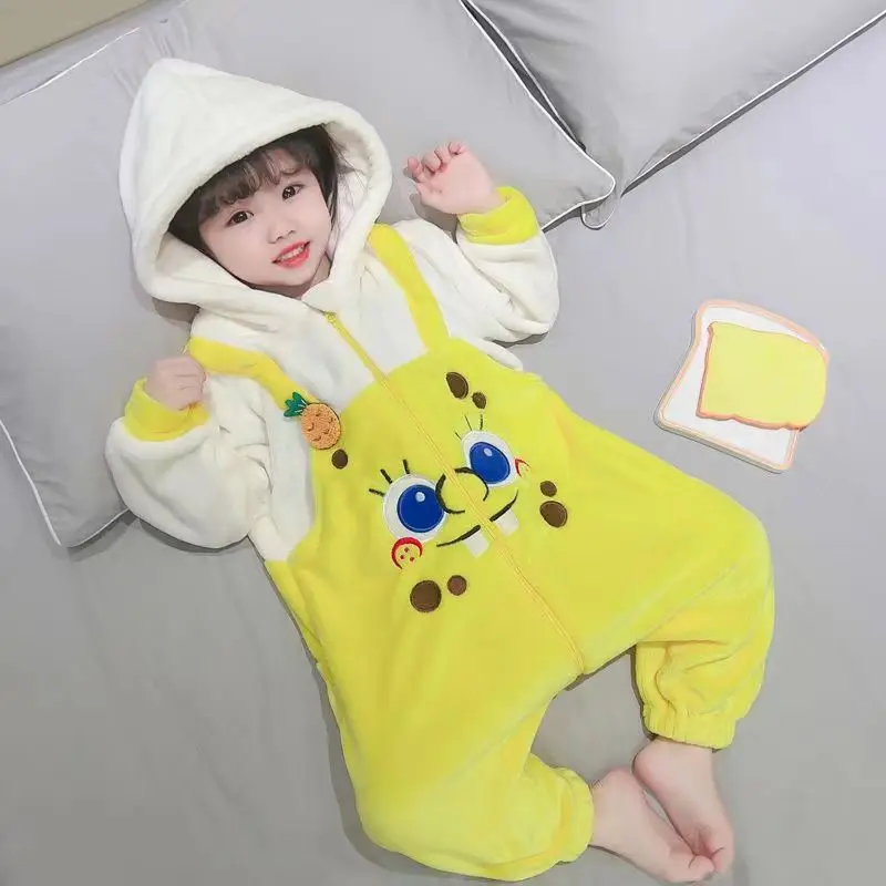

Animated cartoon sponge pattern one-piece pajamas for children's latest winter cute girl pajamas for homewear
