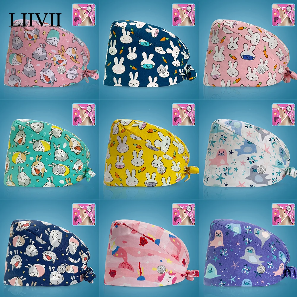 

New Cute Cartoon Printed Ladies Nurse Hat Surgical Pet Hospital Surgeon Dentist Beauty Salon Chef Working Breathable Scrub Caps