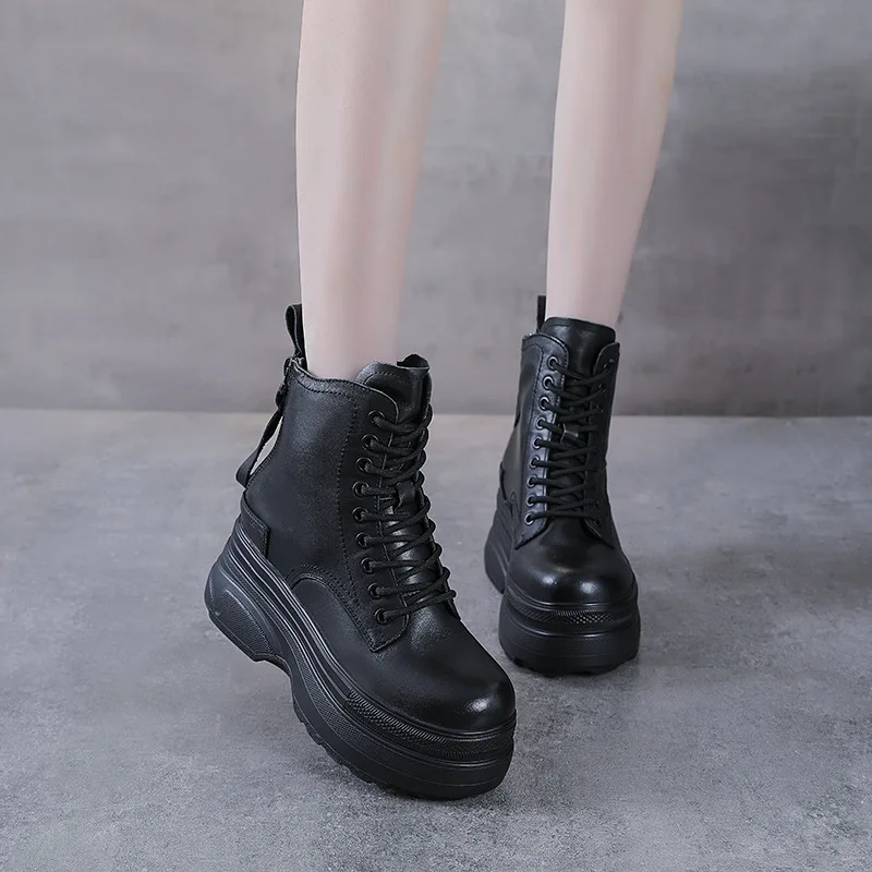 2023 autumn and winter new leather thick soled waterproof platform ankle boots heightening heels Martin boots back zipper