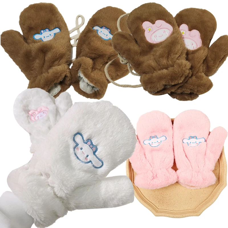 

Kawaii Sanrioed Plush Gloves My Melody Kuromi Cinnamoroll Fingerless Mittens Cartoon Pom Pom Purin Women Winter Warm Gloves Gift