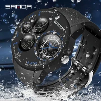 sanda dual display quartz mens watch led display zodiac dial unique design alarm clock automatic date multifunction wristwatch