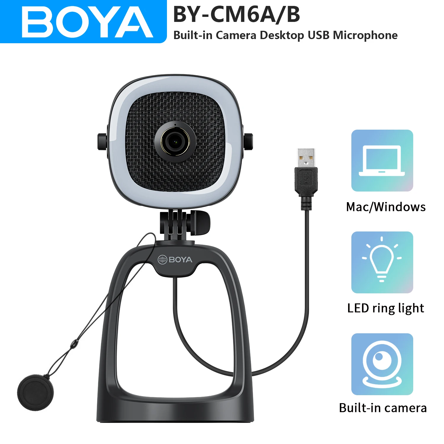 Встроенная камера BOYA BY-CM6A/B, настольный потоковый USB-микрофон для ПК, компьютера, Skype, увеличение, видеозвонки, блоггер, запись на Youtube