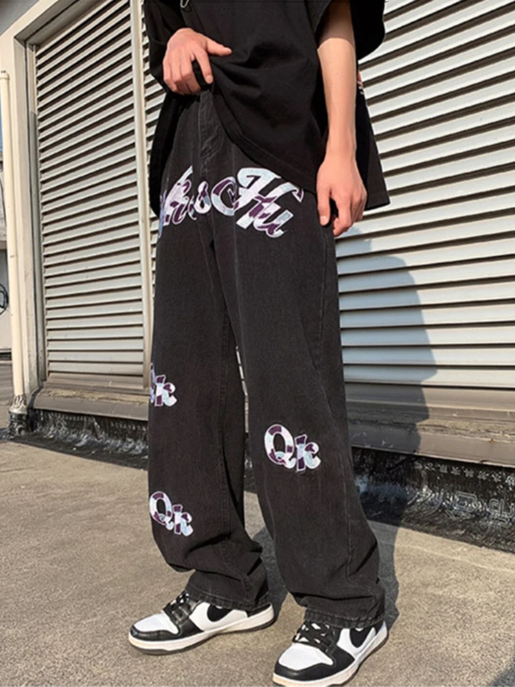 Patchwork Color Letter Embroidery Denim Pants Men Korean High Street Hip Hop Jean Pants Male Zipper Loose Straight Harem Jeans