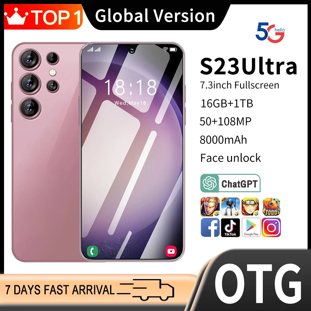 

Новый смартфон S23 Ultra 5G 7,3 дюйма, Snapdragon 8 gen2, Android, разблокированные мобильные телефоны, 7800 мАч, 16 ГБ + 1 ТБ, телефон