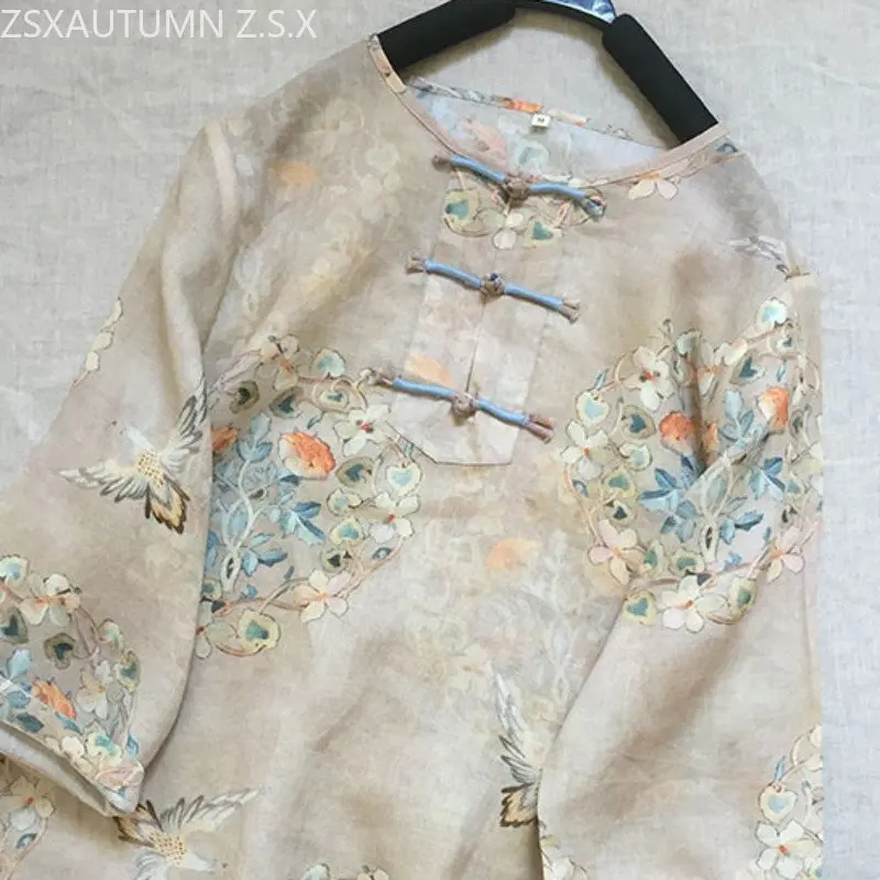 

Китайский традиционный винтажный Топ ханьфу, женская летняя тонкая рубашка в этническом стиле с принтом, короткий костюм Тан, хлопковая льняная свободная китайская блузка