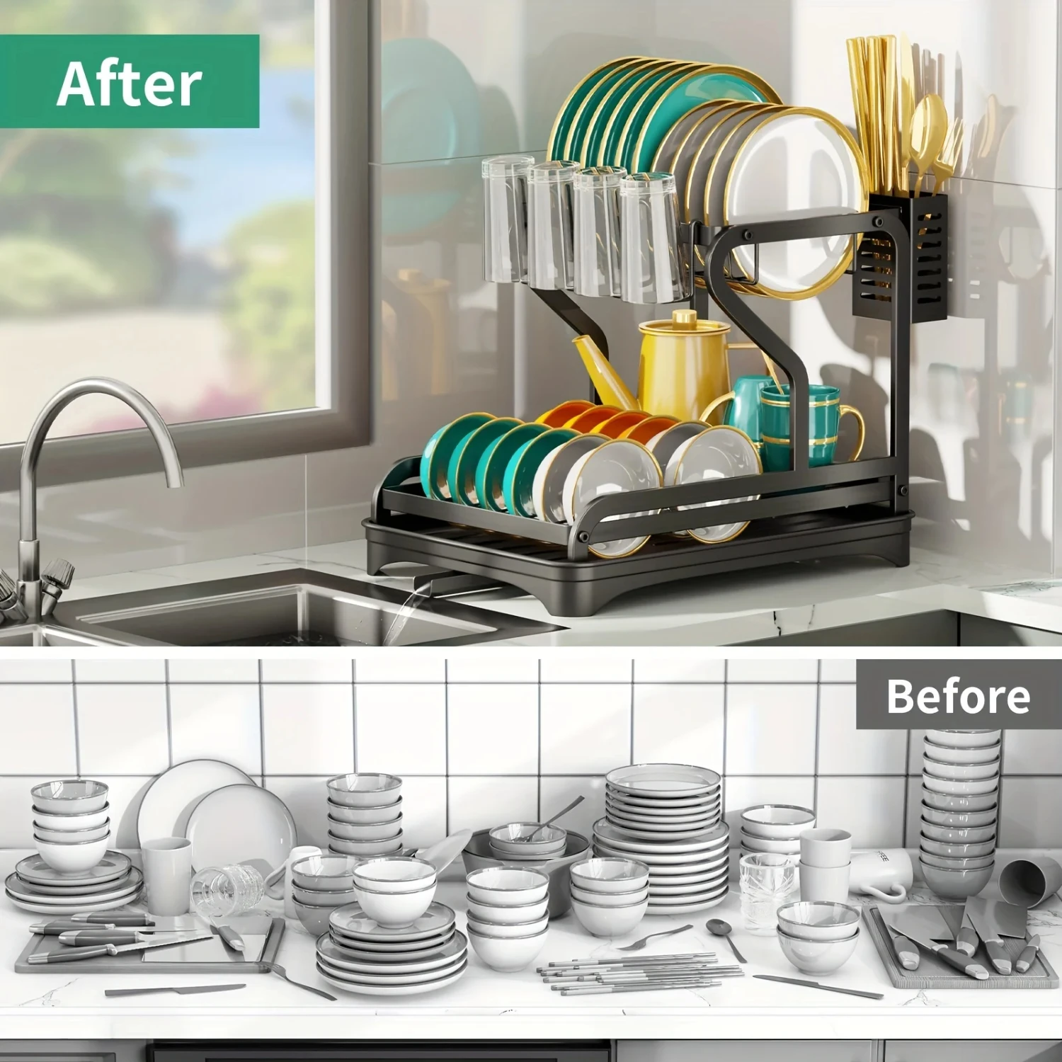 2-Tier Dish Rack with Drainboard Drying Utensil and Cup Holders - Dishes Knives Spoons
