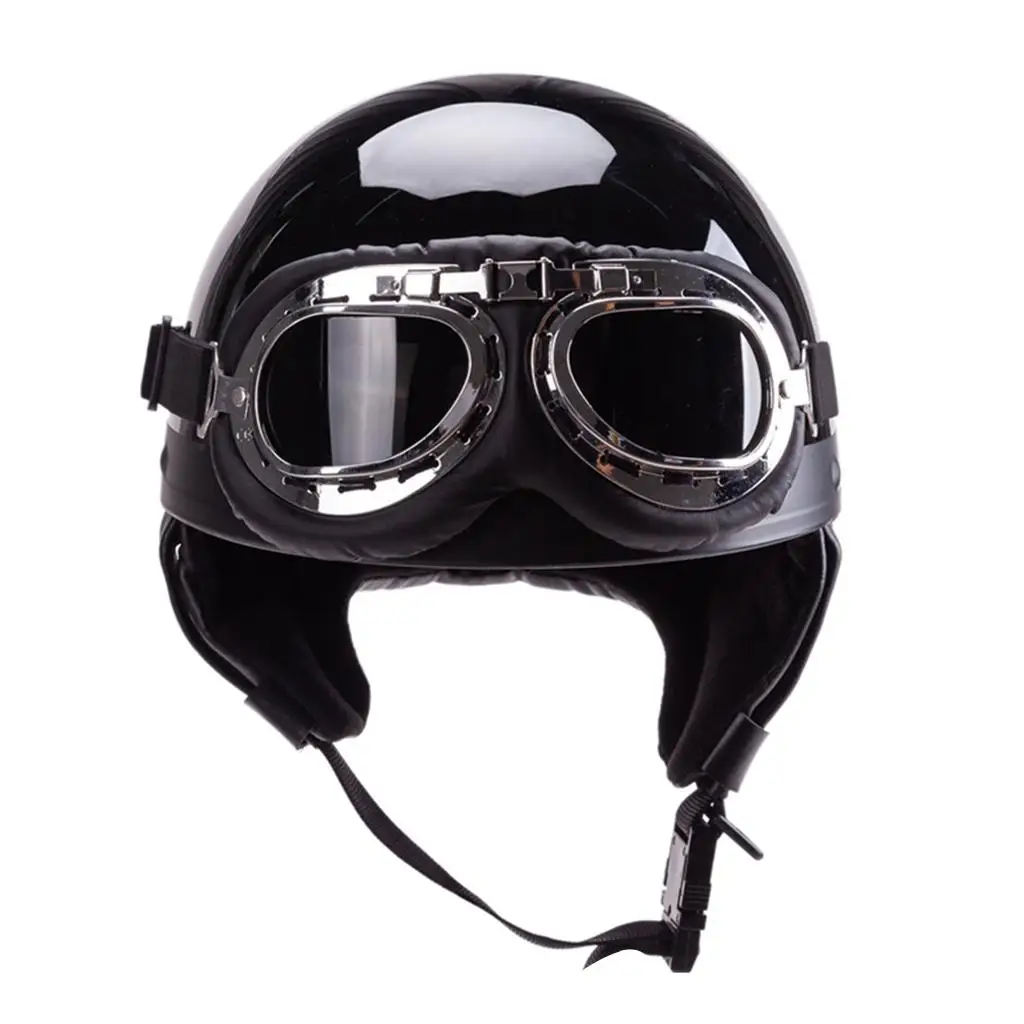 

Motorcycle Half Helmet w/Pilot Goggles for Cruiser Scooter Touring Bike Black