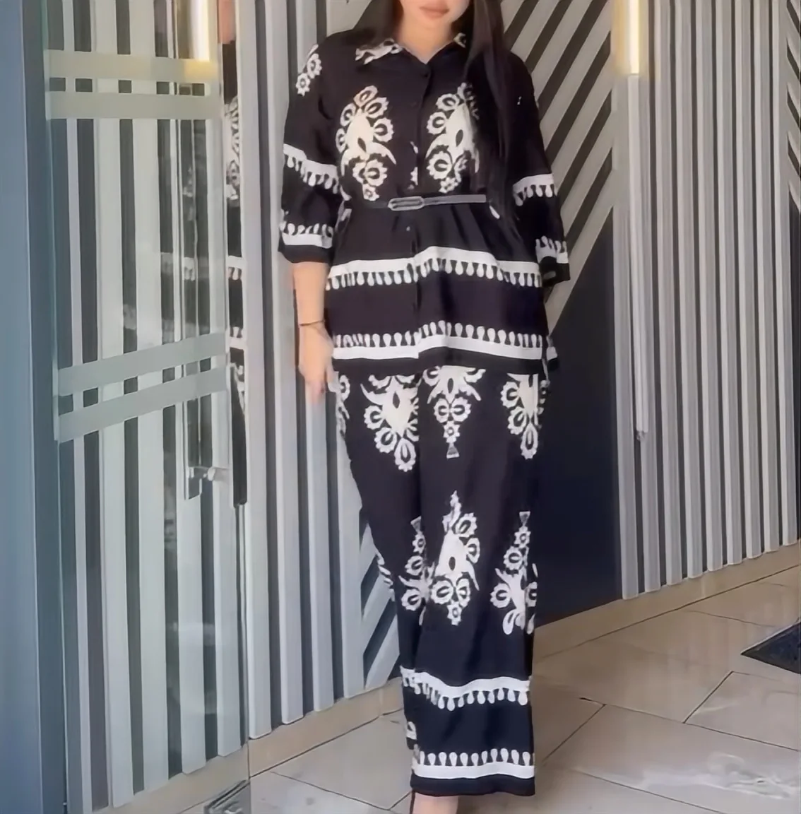 Летний Модный повседневный костюм из рубашки и брюк с принтом свободный женский