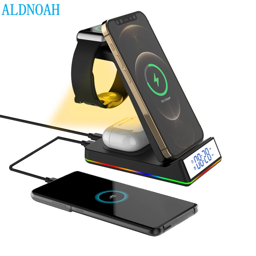 New Multifunction 5 In 1 Wireless Charging Stand With Lamp 15W Fast Alarm Clock Wireless Charger For iPhone 13 12 iWatch Airpods