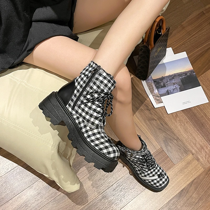 2021 Winter Fashion Women's Boots Lace-up Mid-heel Round Toe Women's Boots Plaid Square Heels Fashion Women's Shoes Botas Muje