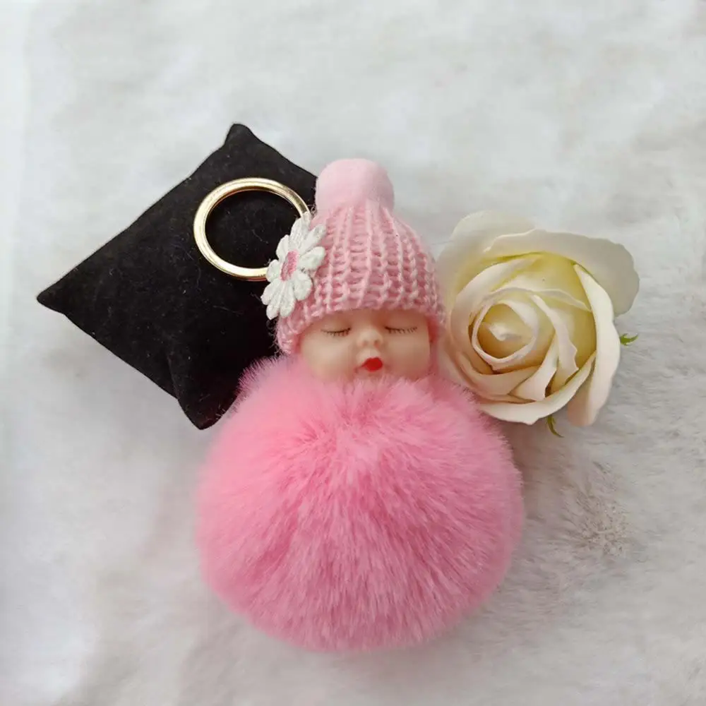 

Pendant Keychain Cute Keyring Key Chain Sleeping Baby Doll Ball Car Holder Bag Charm Plush Fur New Women Key Chains Pompom Dolls