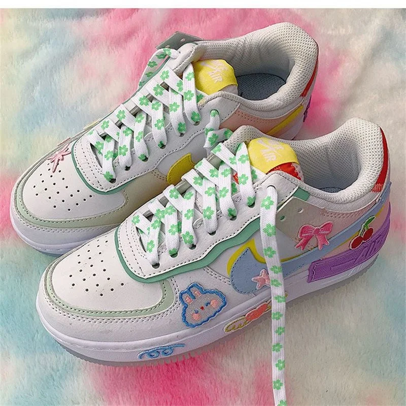 1 pair Pink Green Blue Cherry Blossom Shoelaces For Women High-Cut Low-Cut Canvas Sneakers Sports Shoe Laces