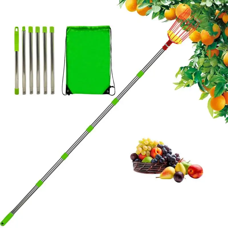 

Portable fruit picker with telescopic pole apple harvester Stainless Steel Lightweight Fruit Picker for Plum Pear Lemon Apricot
