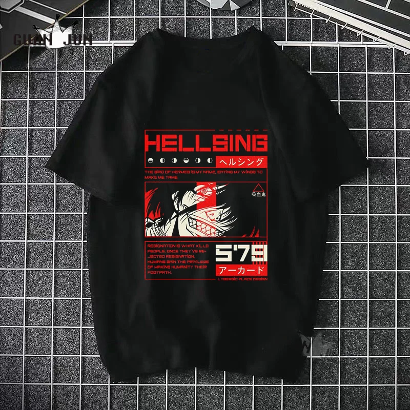 

HELLSING Anime Alucard Vampire Hunter Tailored Anime Shirt Men Graphic T Shirts Black 100% Cotton Short Sleeve Mens Clothing