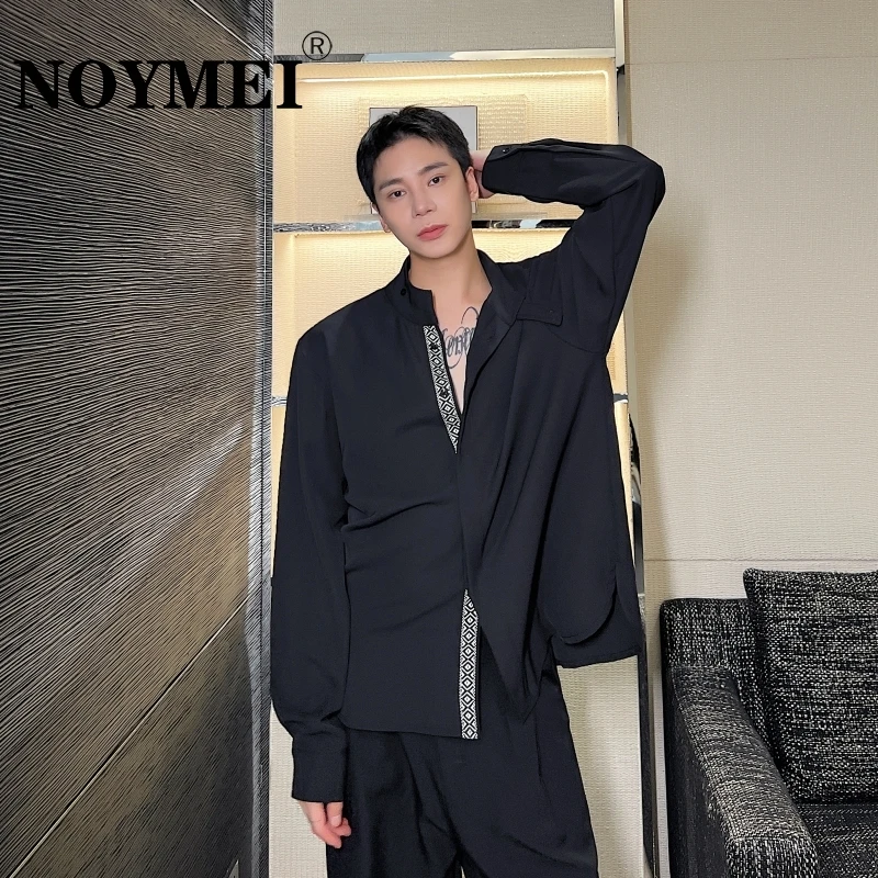 

NOYMEI Handsome Standing Neck Long Sleeve Tuxedo Shirt Men's Loose Light Luxury Top Trendy Male Top All-match Chic WA2416