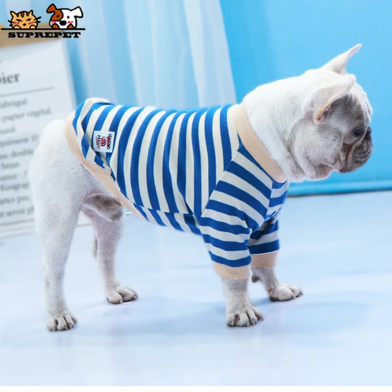 Фото SUPREPET одежда для щенков толстовки для французского бульдога хлопковые полосатые Кофты для щенков одежда для чихуахуа №3
