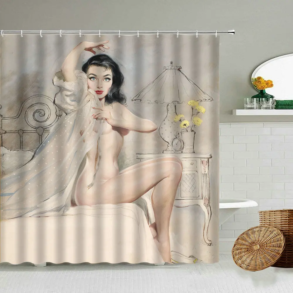 

Sexy Girl Shower Curtain Fashion Woman European Style Character Painting Home Bathroom Wall Decor With Hook Waterproof Screen