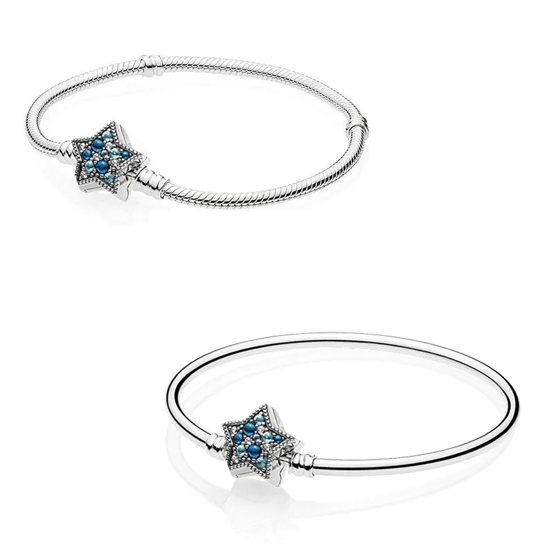 

Authentic 925 Sterling Silver Moments Blue Star Clasp With Crystal Bracelet Bangle Fit Bead Charm Diy Fashion Jewelry