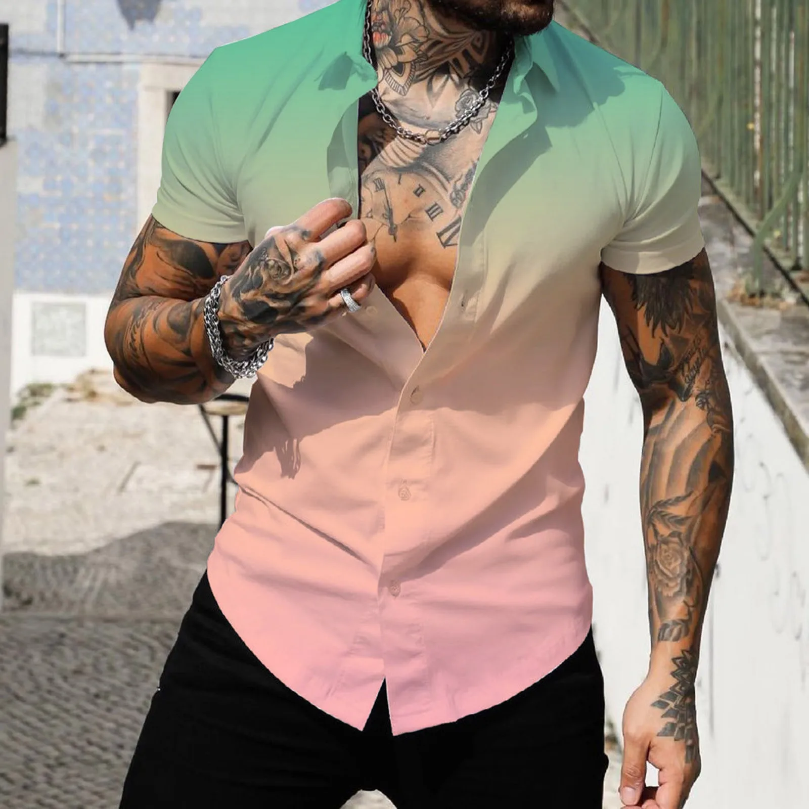 

Men Spring Summer Single Breasted Casual Lapel Full Print Beach Short Sleeve Vacation Outdoor Holiday Shirt Long White Tee
