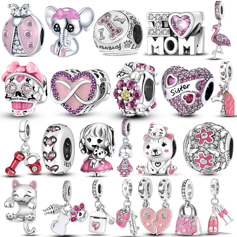 

Pink Enamel Love Heart Little Girl Butterfly Dangle Charm Silver Color Beads fit for Pandora Bracelet Necklace DIY Jewelry Gift