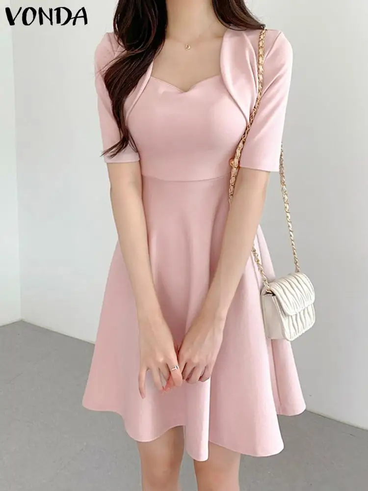 

Элегантное однотонное мини-платье VONDA 2023, женское летнее сексуальное платье с квадратным вырезом и коротким рукавом, блестящее повседневное свободное платье