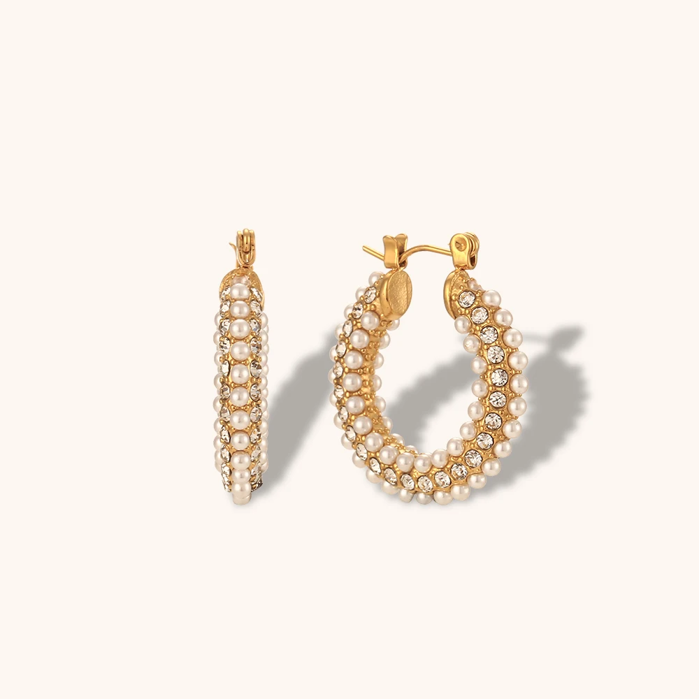 

Stainless Steel Golden Round Hoop Earrings Jewelry Fashion 18K Gold Plated Zircon Pearl Huggie Earrings Party Gift for Women