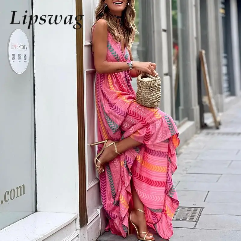 

Повседневное элегантное свободное пляжное платье без рукавов с принтом в стиле бохо, модное женское платье на завязках, летнее сексуальное длинное платье с глубоким V-образным вырезом