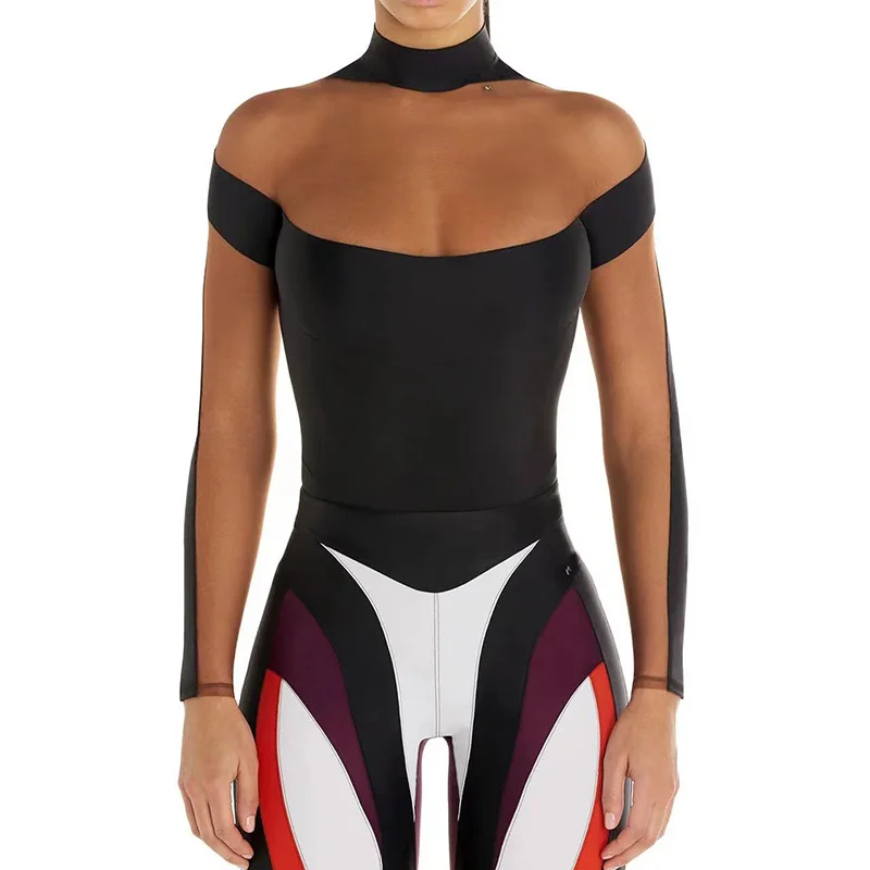 

Runway Slim Mesh Splicing Bodysuits Women 23 Summer Trendy Elegant Long Sleeve Turtlenecks Letter Sexy Tight Bottoming Tops New