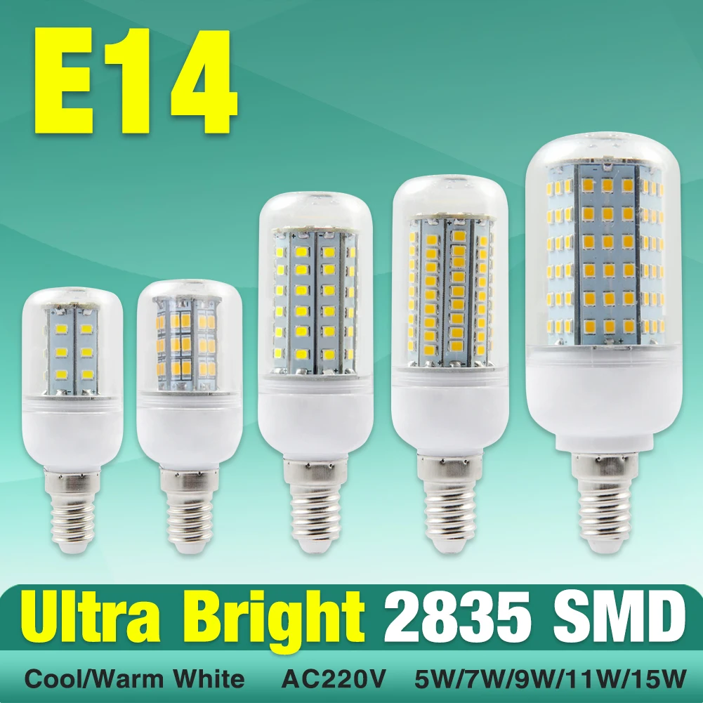 

7W/9W E14 LED Bulb Lamps AC 220V Mini Corn Bulb Light 2835SMD 360 Beam Angle Replace Halogen Chandelier Lights 48/72LEDs Bulbs