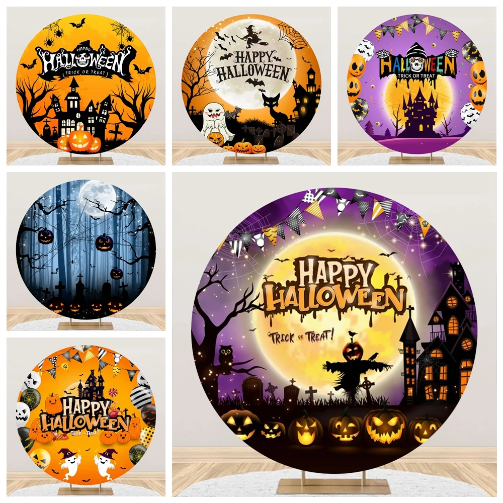 

Halloween Round Backdrop for Photography Cover Horror Moon Night Pumpkin Bat Kids Birthday Family Party Circle Photo Background