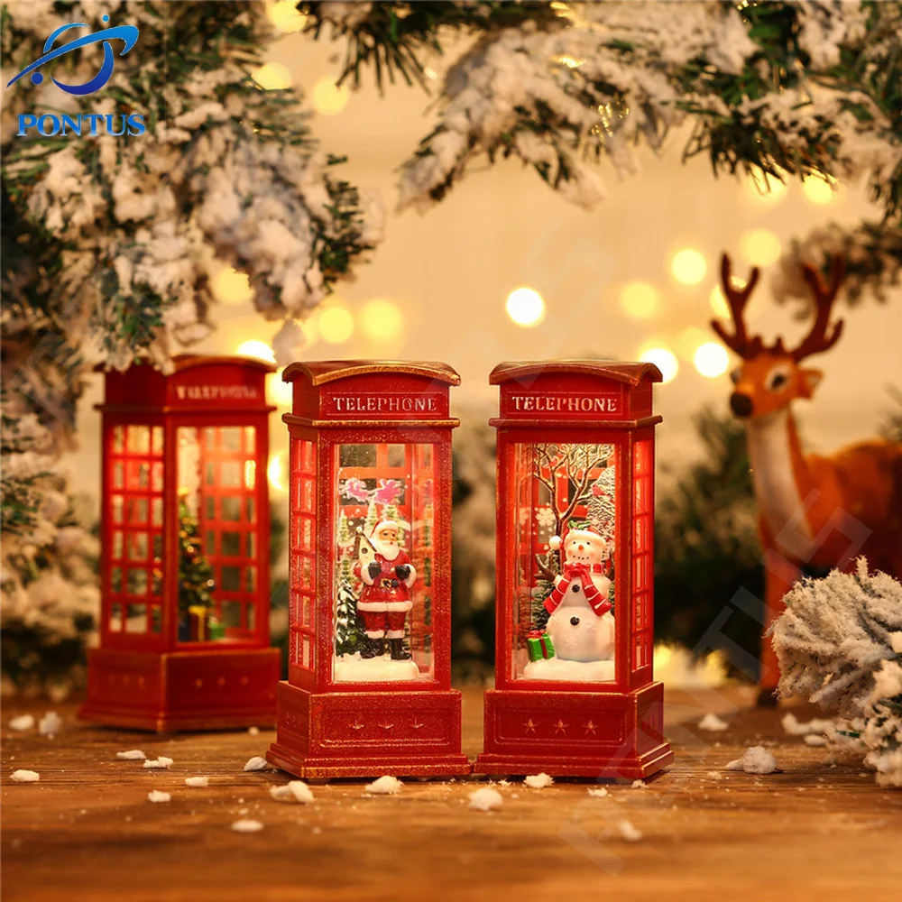 

Vintage Luminous Christmas Phone Booth Lantern Christmas Tree Snowman Santa Claus Figurine In Telephone Booth Home Decoracion