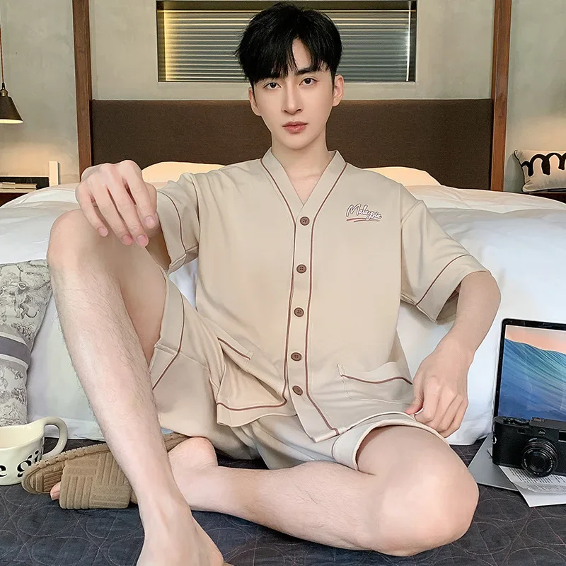 Летние мужские пижамы комплект из 2 предметов тонкий хлопковый с короткими