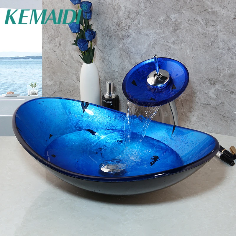 

KEMAIDI Bathroom Washbasin Countertop Tempered Glass Basin Sink Faucet Set Brass Waterfall Faucet Washroom Vessel Vanity Bar