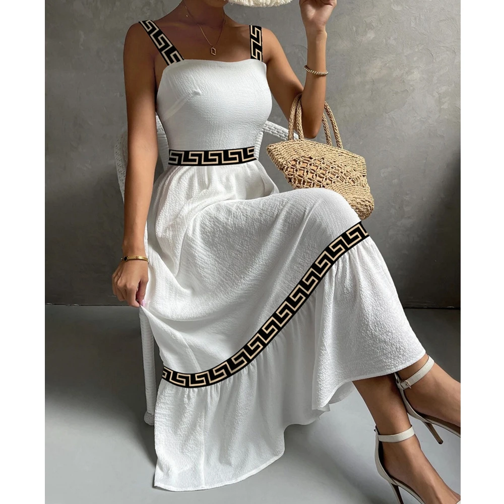 

Y2K Sleeveless Tank Top Maxi Dress Low Cut Ribbon Splicing Vacation Dress Women Summer A-line Big Swing Long Elegant Dress