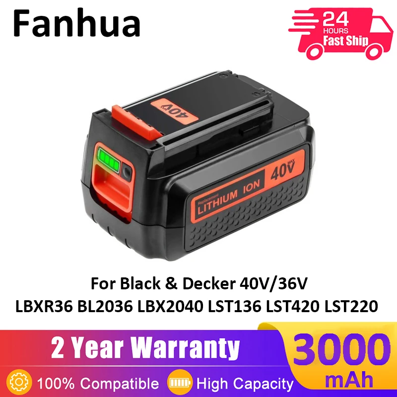 Литий-ионная аккумуляторная батарея LBX2040 для Black & Decker, 40 В/36 В, 3000 мАч, LBXR36 BL2036 LBX2040 LST136,LST420,LST220