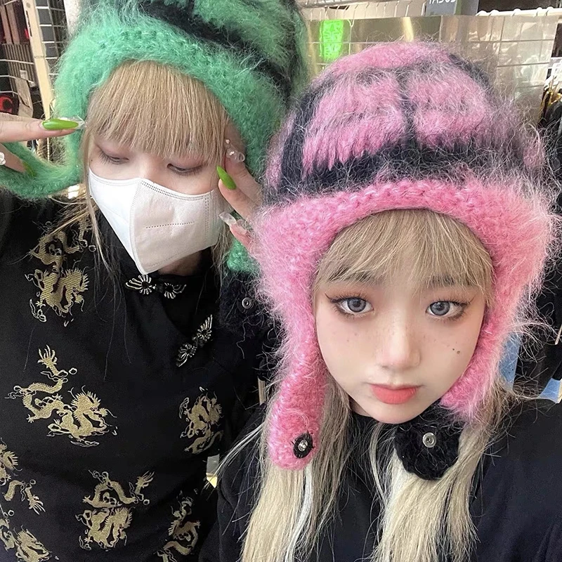 

Winter Knitted Hats With Earflaps Hat Russian Women Caps Cute Fur Hood Hat Girl Wool Bomber Hats Warm Beanies Cap Femme