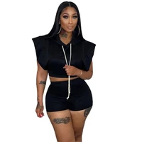 two piece set womens summer solid casual tracksuit sleeveless hooded top elastic waist shorts matching outfits famous suit 2022