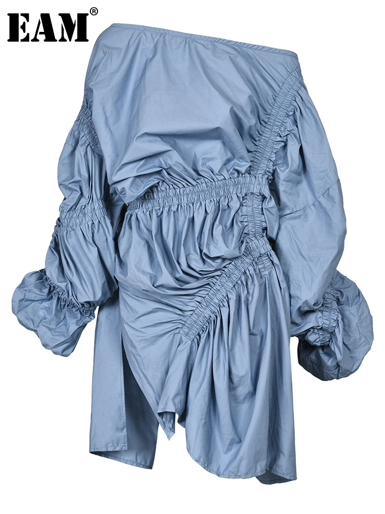 

[EAM] Women Blue Pleated Big Size Irregular Dress New Slash Neck Long Sleeve Loose Fit Fashion Tide Spring Autumn 2023 JO36605