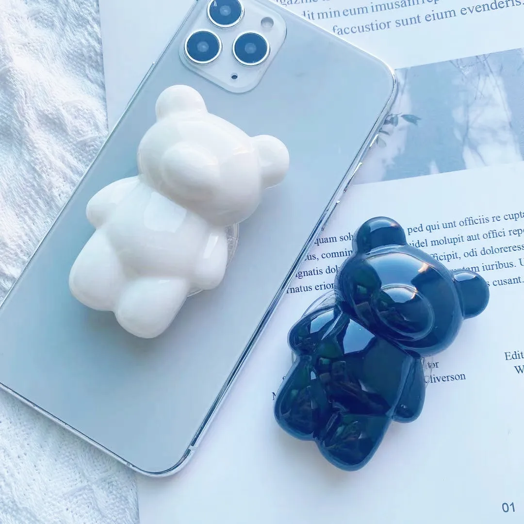 

Korean Ins Stereo Bear Finger Ring Bracket Transparent Telescopic Mobile Phone Holder Grip Color Cartoon Folding Cellphone Stand