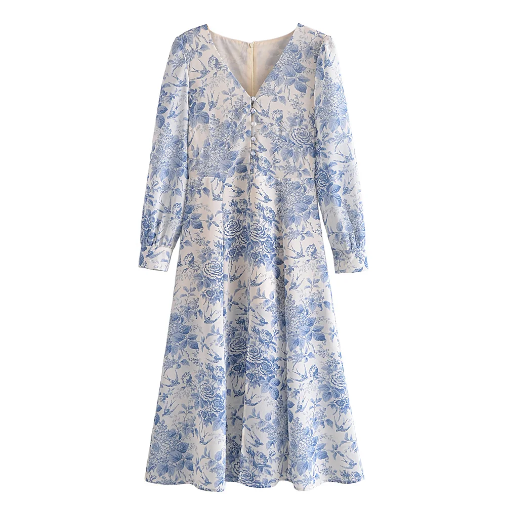 

New women's vintage floral print dress front button-down sexy slit long-sleeved dress