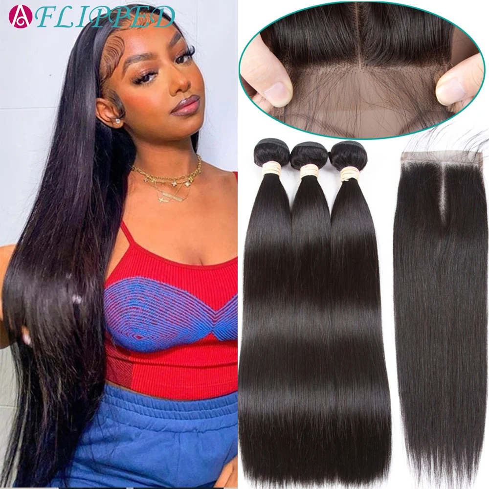 Brazilian Straight Hair Bundles With Closure Remy Bone Straight Human Hair Weave Bundles With T Part Lace Closure With Baby Hair